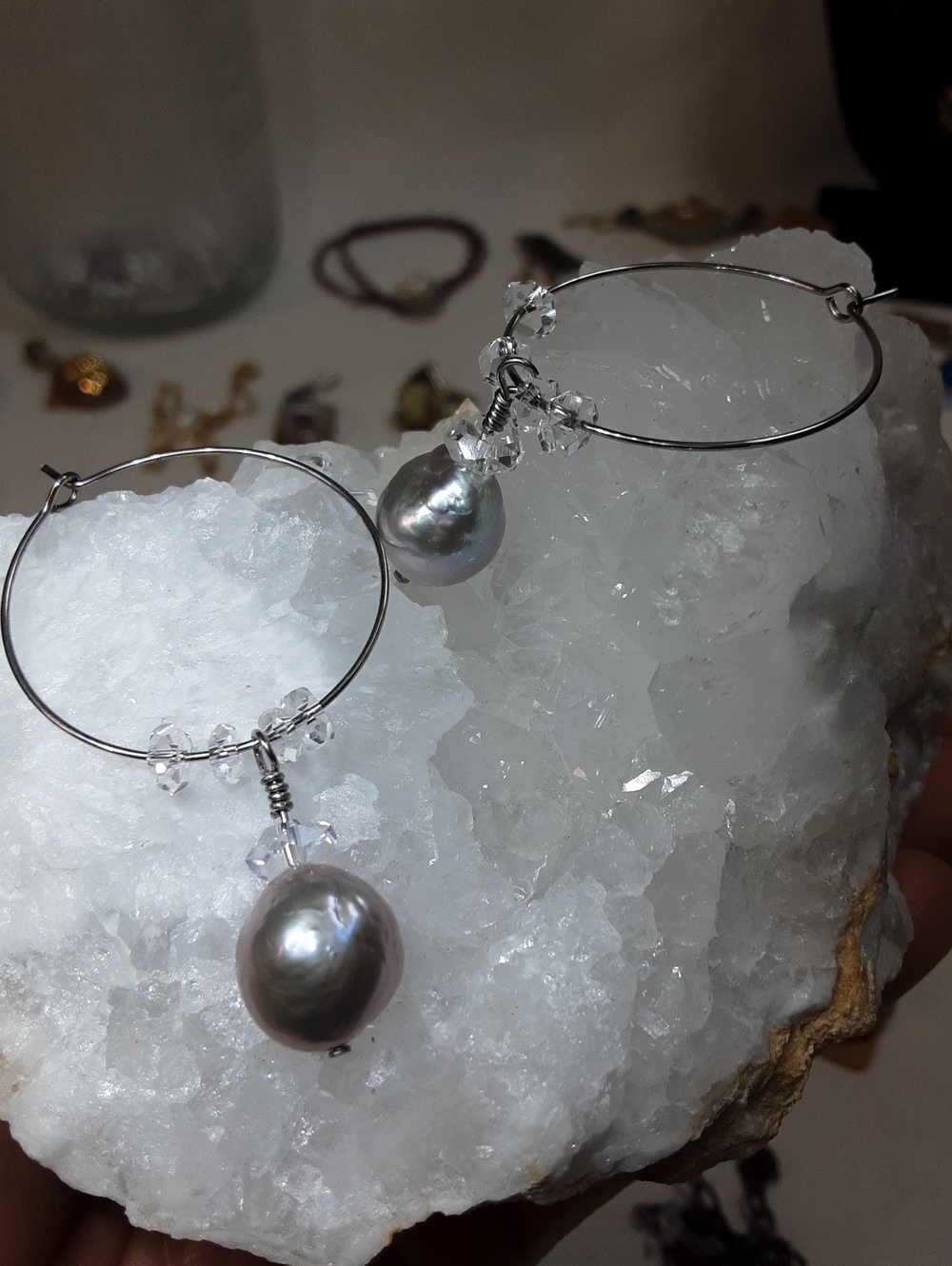Stainless Steel, Genuine Gray Pearl, Herkimer Diamond Quartz Hoop Earrings.